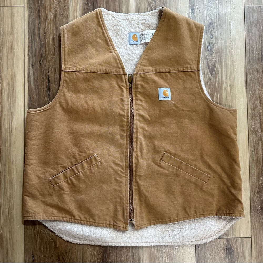Vintage 90s Made in USA Carhartt V03BRN Duck Canvas Sherpa Lined Vest, 2XL Tall